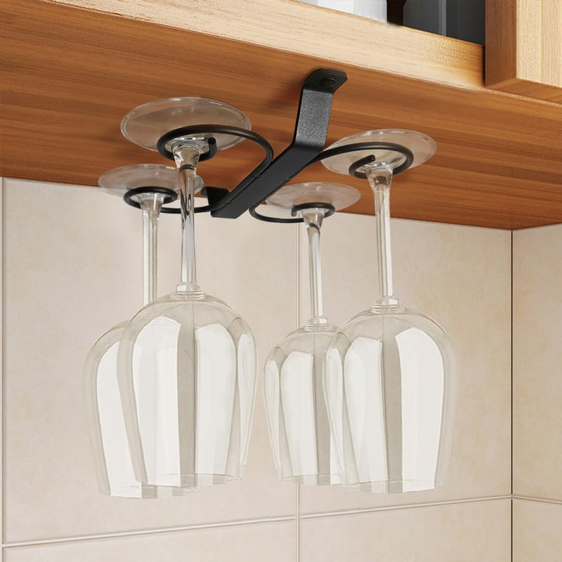 GeLive 9-inch Under Cabinet Wine Glass Holder Stemware Rack Glass Storage Hanger With 4 Hooks Organizer for Kitchen Bar RV (Black) - Image 4